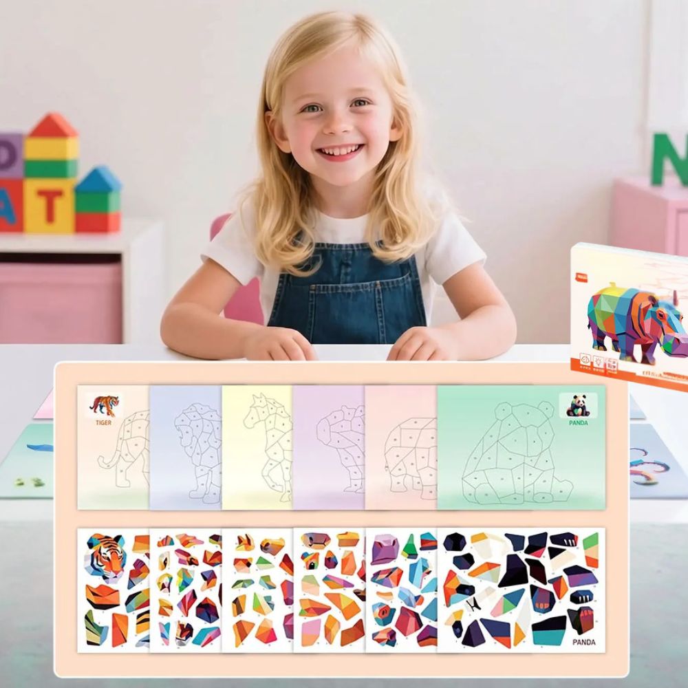 Coloriage par numero avec des autocollant pour reconstruire chaque puzzle sticker 3 dimensions 6 animaux