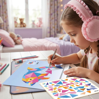 petite fille concentré à faire du coloriage par numero avec des stickers numérotés