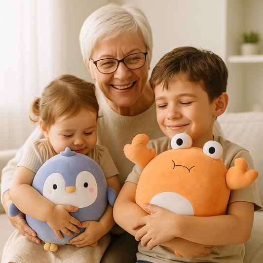 grand-mère-donne-en-cadeau-un-magnifique-coussin-enfant-tendresse-pour-réconforter-ses-petits-enfants