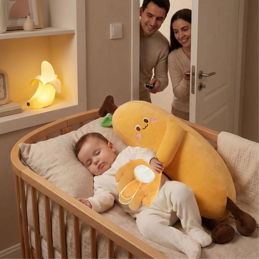 coussin pour bebe banane endort avec musique, chaleur et tapotement