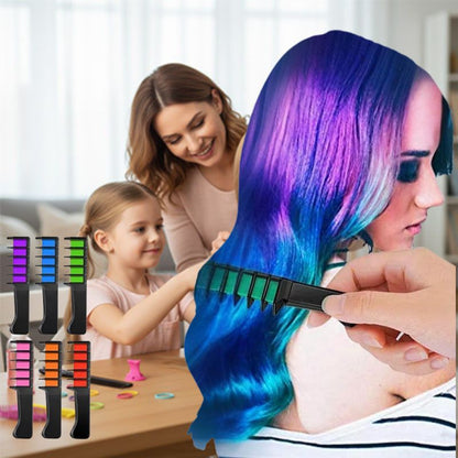 une mere montre à sa fille de 7 ans à appliquer de la couleur avec la craie pour cheveux en se pratiquant sur sa tête à coiffer