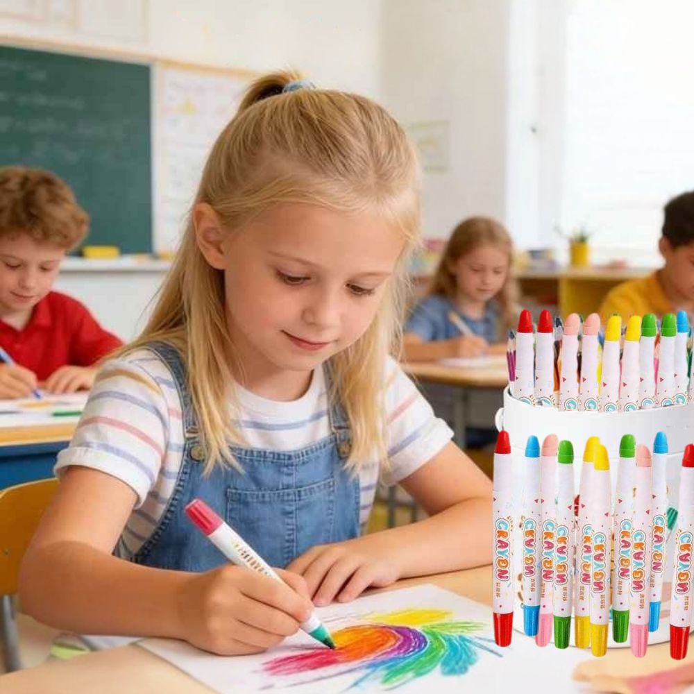 bac de crayons de couleur  aquarelle et craies de cire dessin enfant