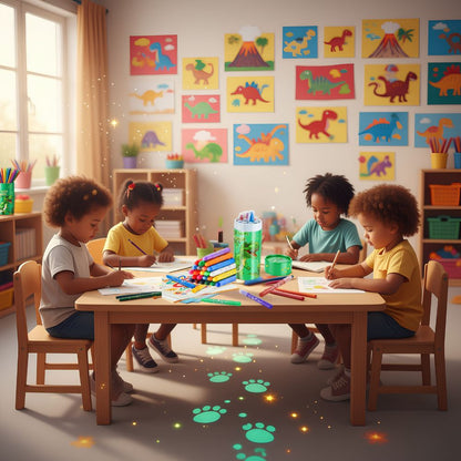 enfants dans la classe de maternelle à la table à dessin avec des crayons de couleur  version dinosaure