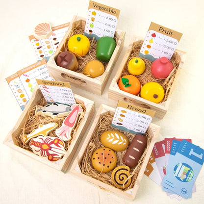nourriture en bois MONTESSORI 4 caisses de nourriture fruits, pâtisserie etc avec fiches pour la prélecture des enfants