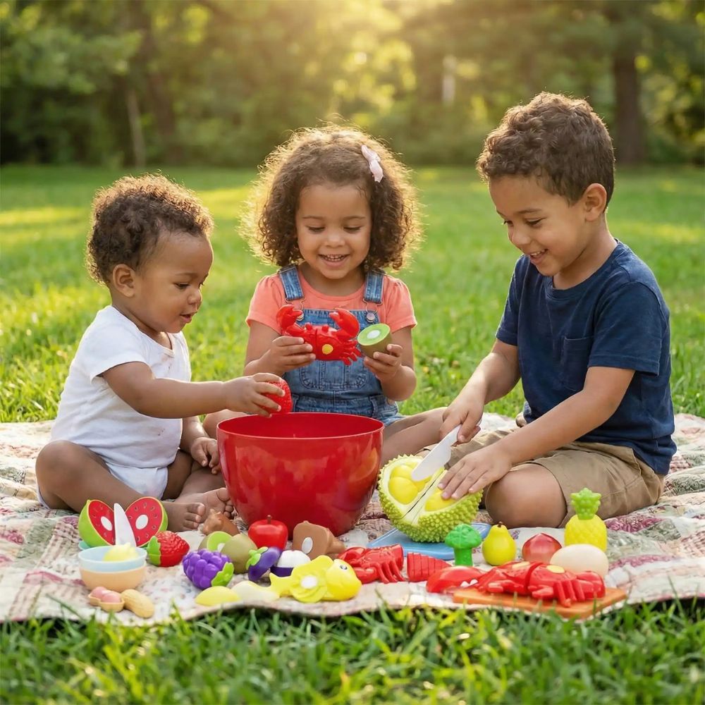 3 enfants sont en pique nique dehors avec le bac d 'aliments en forme de pomme géante pour jouer à la cuisine enfant