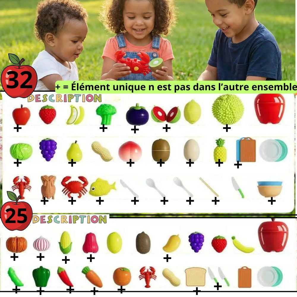 description des 2 option d'ensemble de nourriture pour jouer à la cuisine enfant ou la dinette de jeu d'imitation infantile