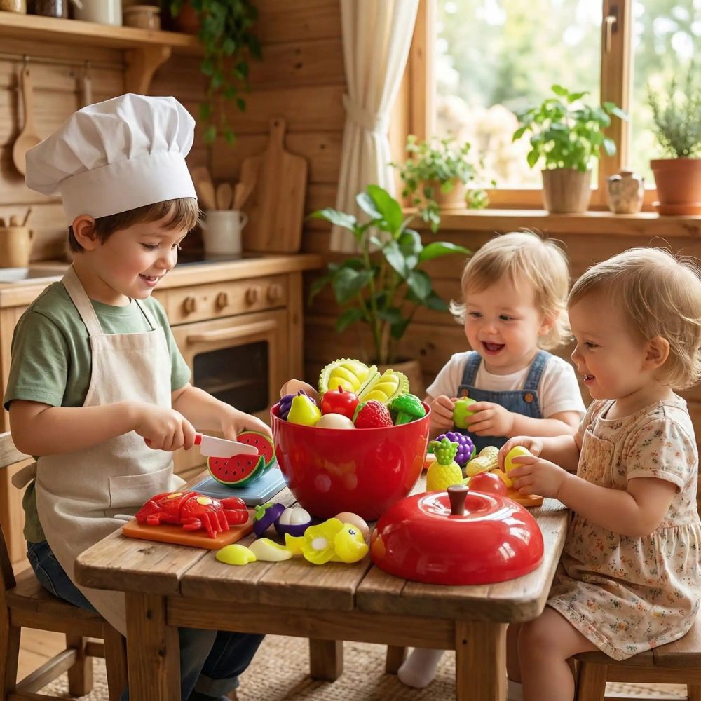 3 enfants assis à la table de jeu jouent  jeu d'imitation cuisine enfant de la dinette fruits et légumes en plastique à velcro