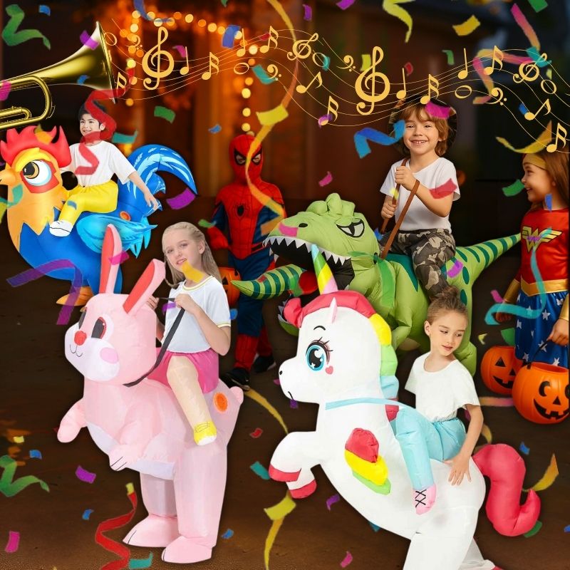 deguisement halloween enfant avec mécanisme pour gonfler et embellire la mascotte dinosaure, lapin, coq et Licorne magnifique