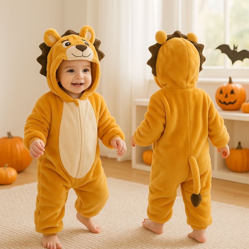 dans sa barboteuse lion un gamin de 2 ans court fierement avec son déguisement bébé Halloween qu'il utilise comme Pyjama