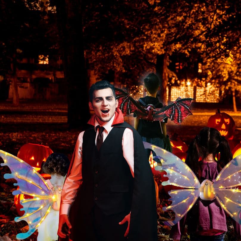 Déguisement carnaval avec vampire dragon princesse et fée partant tous des ailes électroniques avec lumières Led