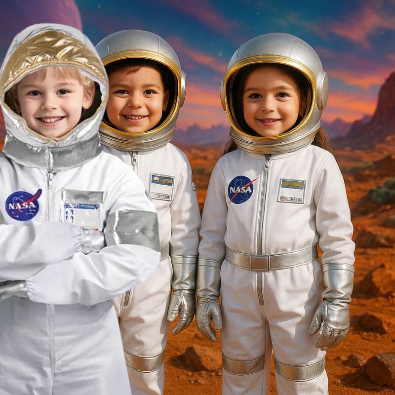 Déguisement enfant astronaute blanc avec détails argentés et dorés, idéal pour Halloween et toutes occasions.
