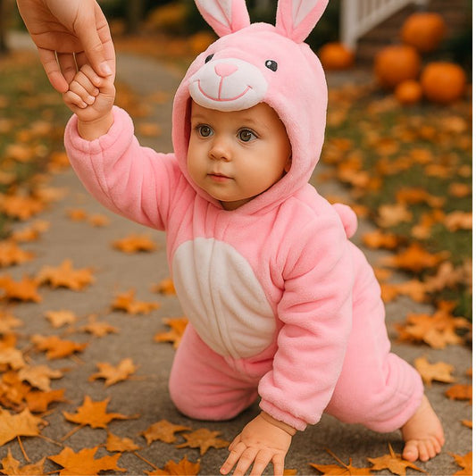 Un enfant dans sa Barboteuse déguisement lapin rose qui est fier de montrer son beau pyjama lapin ;a ses amis en passant l'Halloween