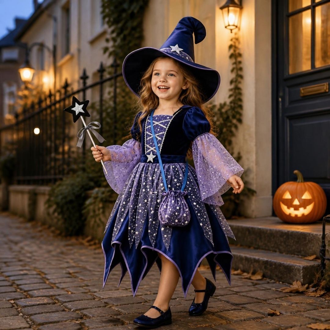 deguisement fille robe, chapeau et baguette de sorcière bleu violette halloween et fête