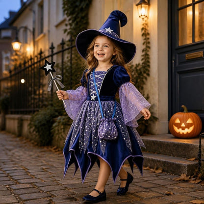 deguisement fille robe, chapeau et baguette de sorcière bleu violette halloween et fête
