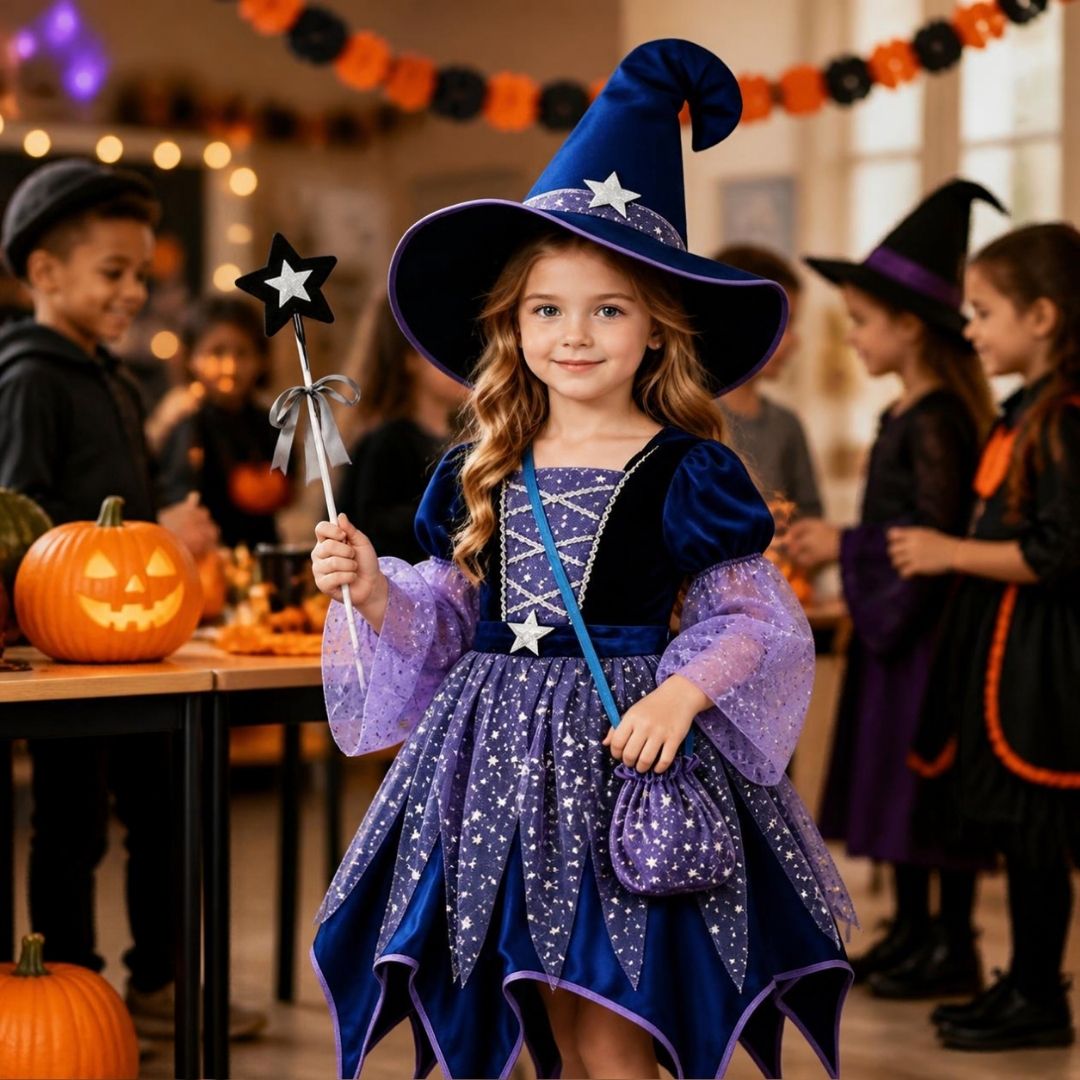 à la fête d'Halloween avec son deguisement fille robe, chapeau et baguette de sorcière bleu violette  