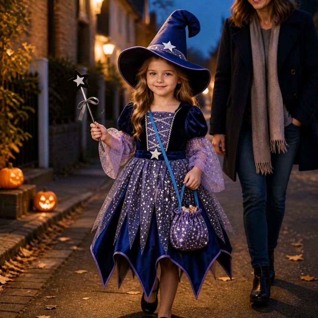 une fille passe la récolte de bonbons Halloween avec son deguisement fille mignon robe de sorcière avec chapeau étoilé