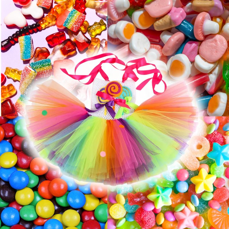 Déguisement fille : une robe de type princesse avec jupe tutu multicolore, inspirée des bonbons que tous les enfants adorent, parfaite pour Halloween