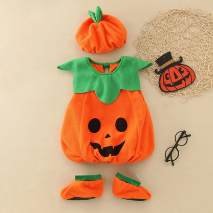 deguisement Halloween bébé 3 pièces chapeau pédoncule, corps de citrouille et pantoufle antidérapante