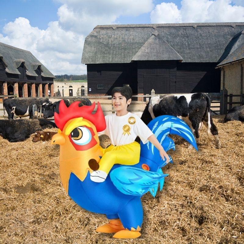 Voici le roi de la bassecour le deguisement halloween enfant le COQ sur lequel tu es assis et chevauche tous les racoins de la bassecour en t'amusant