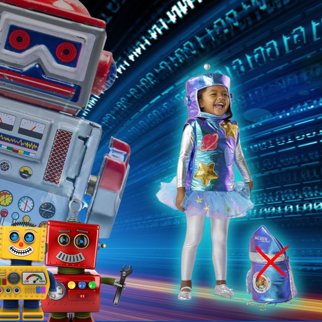 une enfant porte fièrement son déguisement Halloween enfant de robot elle brille de bonheur