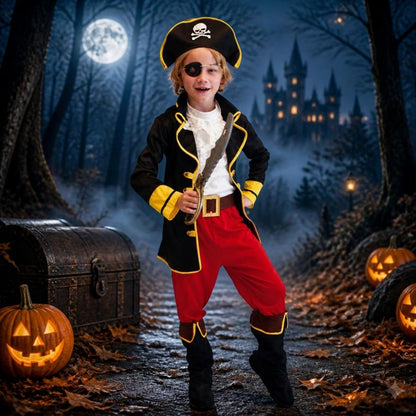 un garçon est fier de son deguisement piratepour Halloween