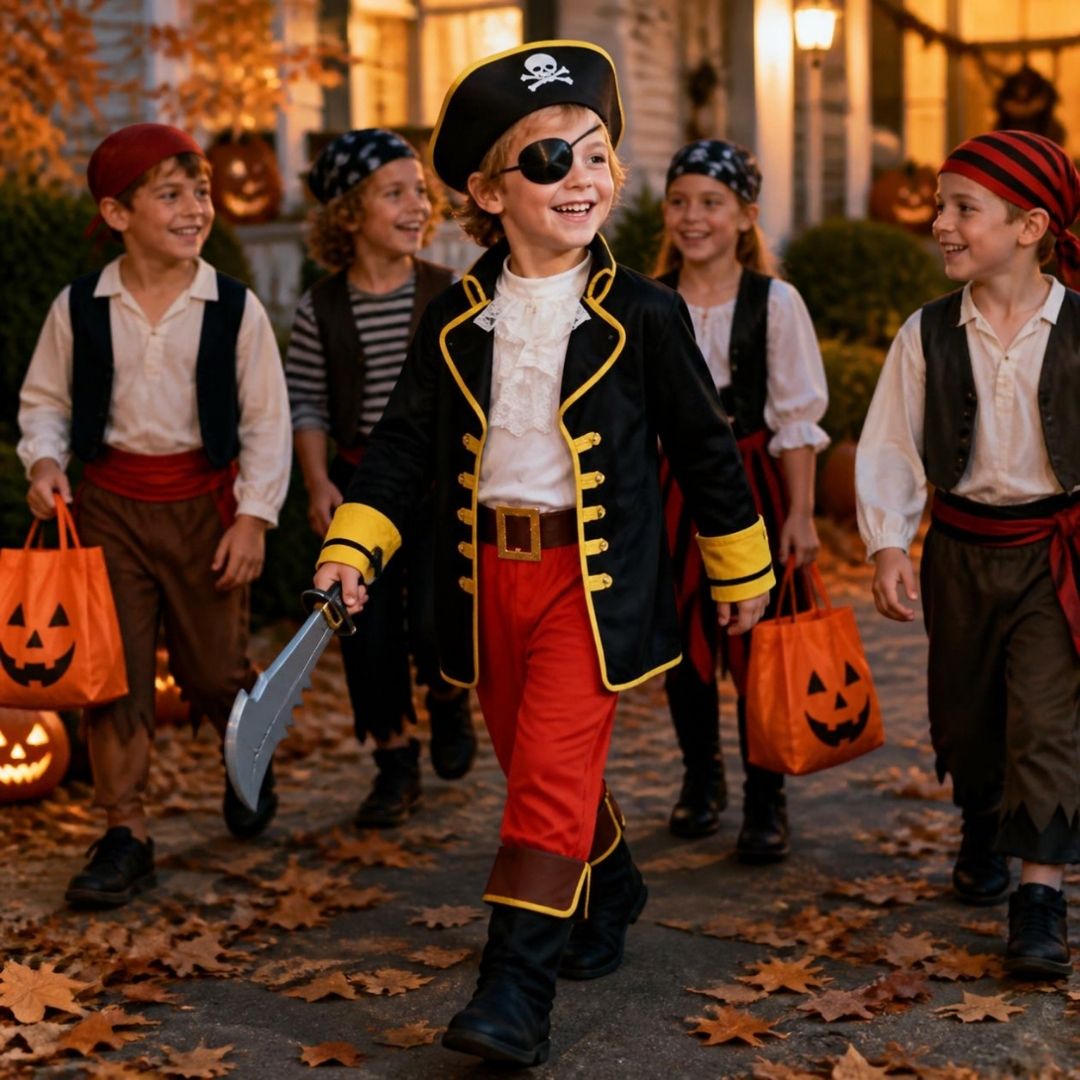 un garçon est fier de son deguisement pirate lorsqu'il fait la chasse aux bonbons le soir de Halloween