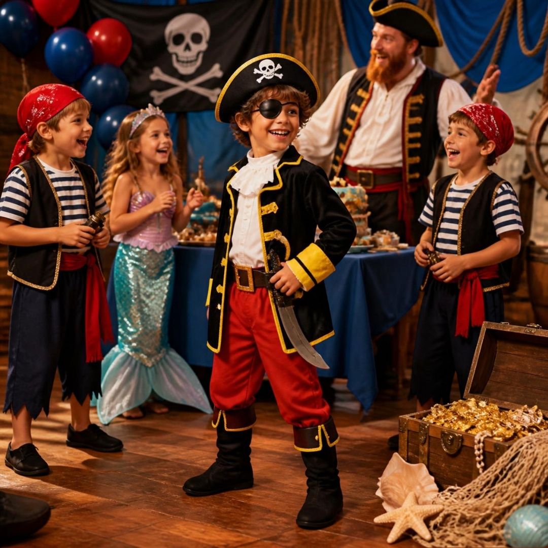 un garçon est fier de son deguisement pirate lors d une fête pour enfants costumés thématique des pirates 