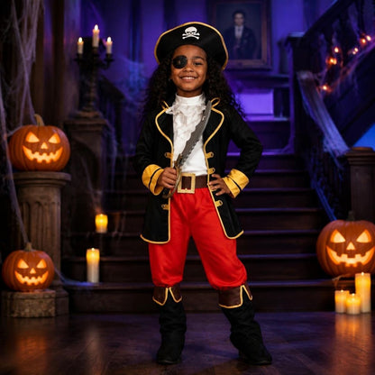 une fille se présente à la fête d'endant avec son beau deguisement pirate rouge et noir.
