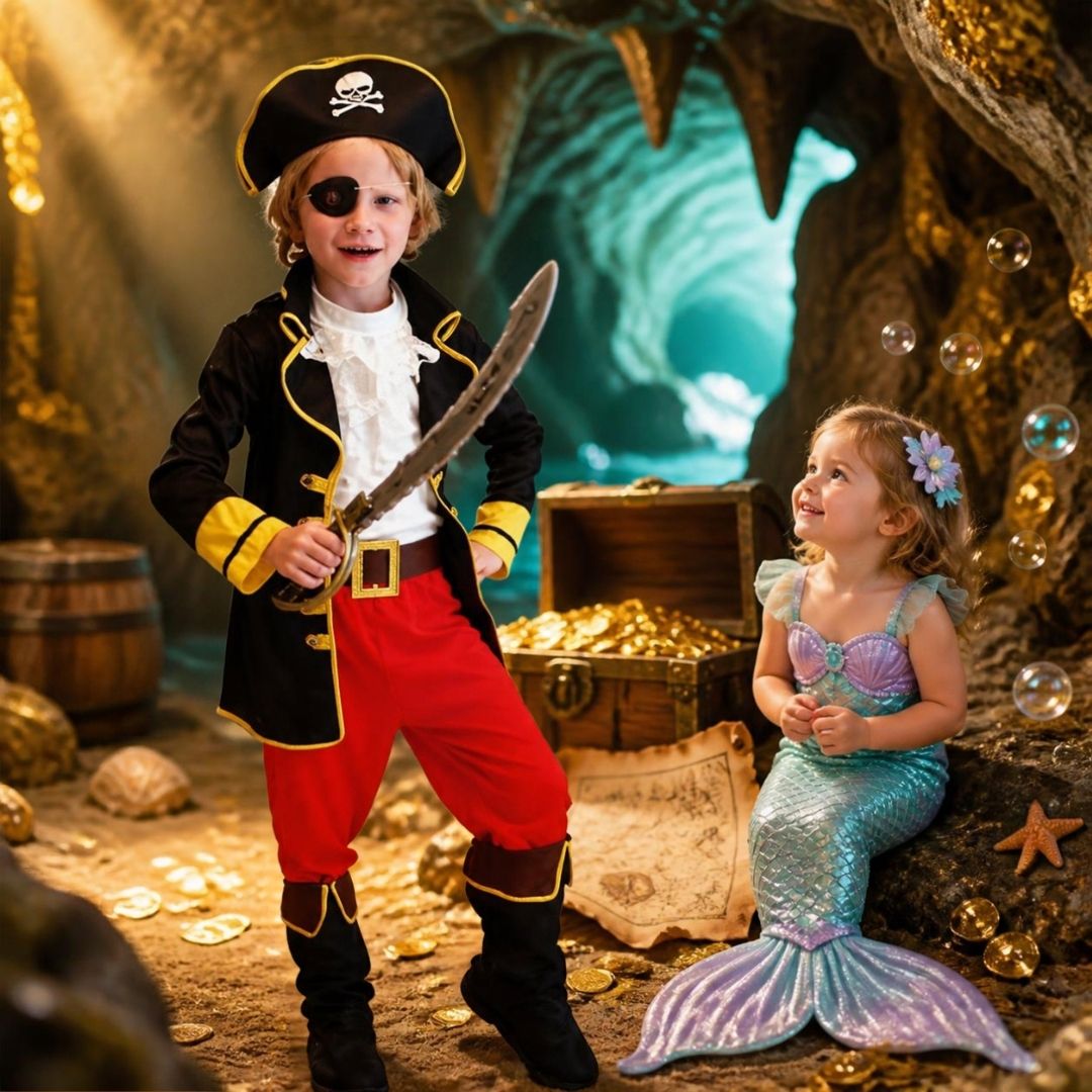 2 enfants jouent avec leur deguisement pirate et s'inventent des aventure magiques