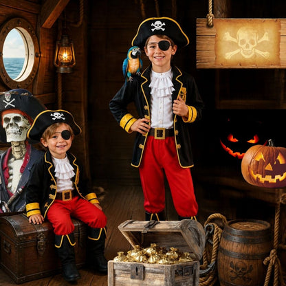 2 gar<cons portent le même deguisement pirate enfant en des tailles différentes