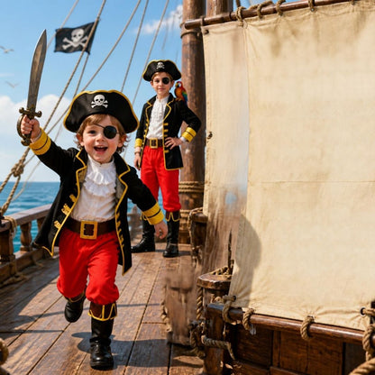 2 garçon sur le pont d'un bateau pirate avec leur beaux déguisement pirate de taille  enfant