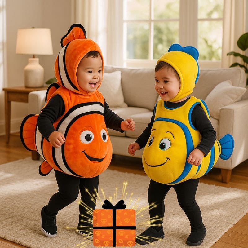 2 bambins dansent avec le Déguisement poisson et recoivent une surprise gratuite avec l'achat.