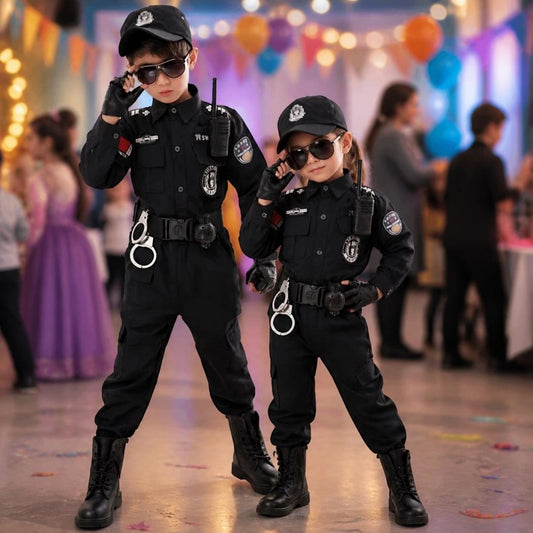 un frère et sa petite soeur dans leur deguisement policier enfant près pour la fête communautaire