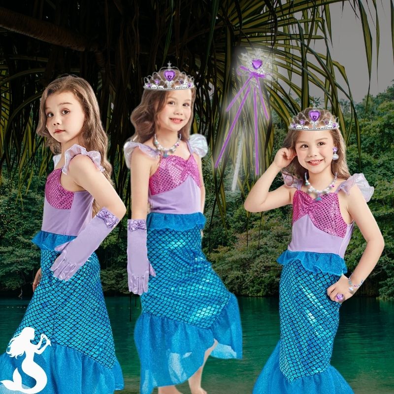 3 soeurs jumelles potent la même robe de déguisement sirène bleu et rose avec tous les accessoires dignes d'une reine