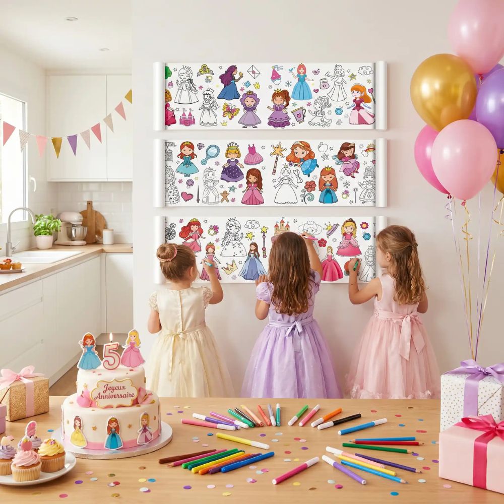 dessin coloriage de  princesses mignonnes en rouleaux  de 3 mètres  activités simples et rapide à installer pour une pause calme dans la journée