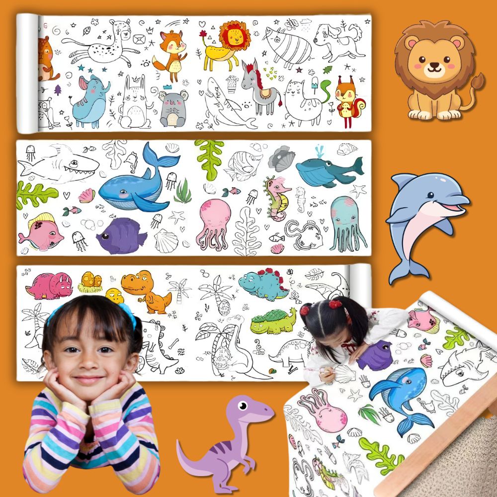 dessin coloriage de  animaux drôles, dinos et océan en 3 rouleaux  d'activités simples et rapides à installer 