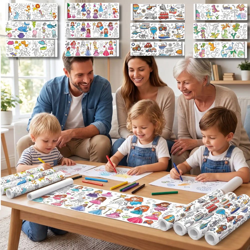dessin coloriage  en 12 rouleau   4 thèmes x 3 mètres pour enfant de 2-10ans, ocupation calme et autonome