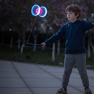 un gamin présente son spectacle de diabolo Lumineux , le jeu qui le calme et lui a fait développer sa concentration.