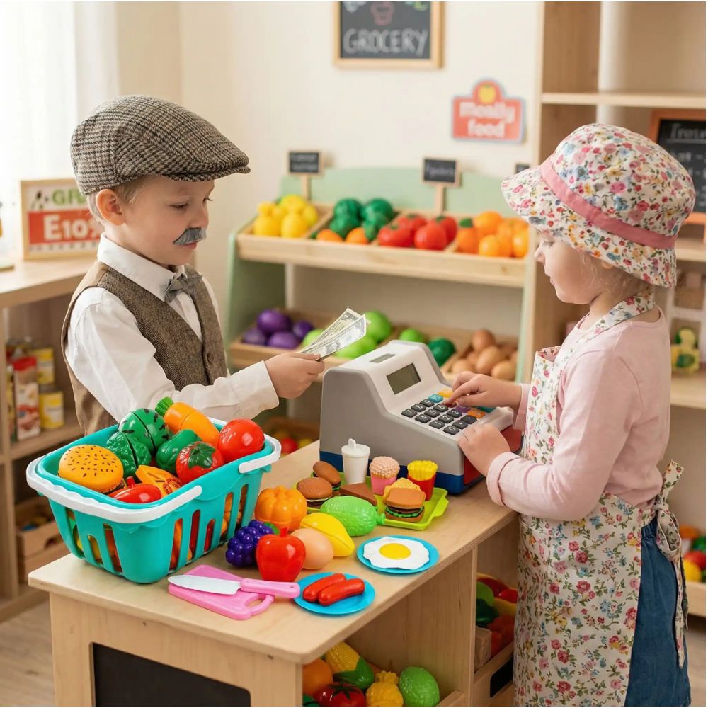 2 enfants jouent à faire semblant d être a l'épicerie avec jouet de cuisine et de dînette aliment découplable