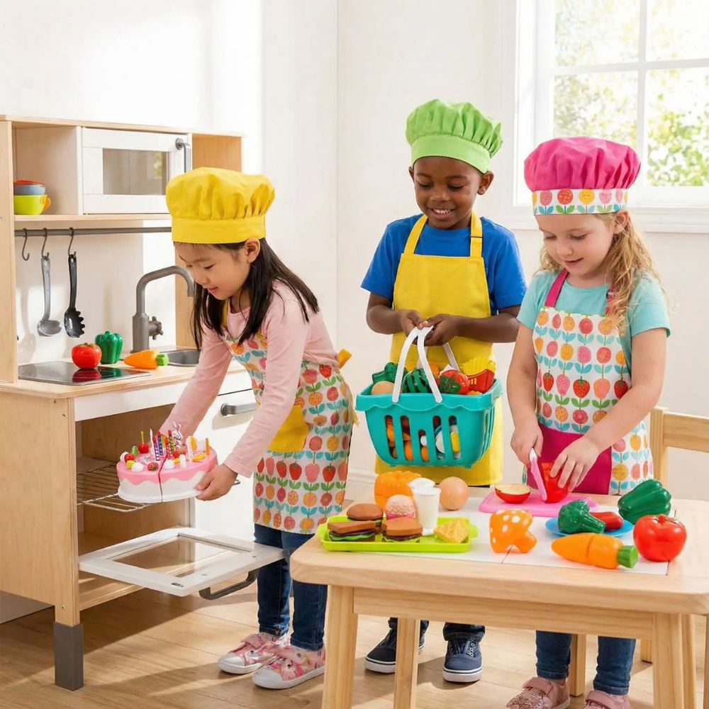 trois enfants préparent la cuisine dans le coin DINETTE avec des jouet de cuisine aliment en plastique