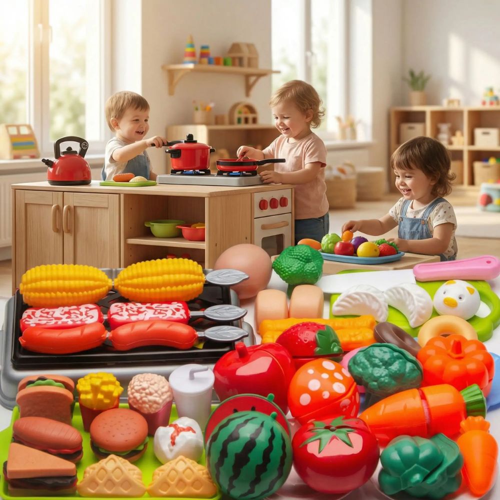 3 enfant jouent à la garderie dans le coin DINETTE  avec les jouet pour cuisine  en plastique varié et amusant de 73 morceaux