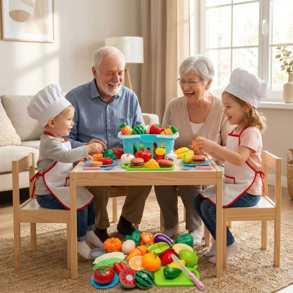 dinette: les enfants jouent avec les grand-parents-au restaurant avec les aliments en plastique de l ensemble de 43 aliments