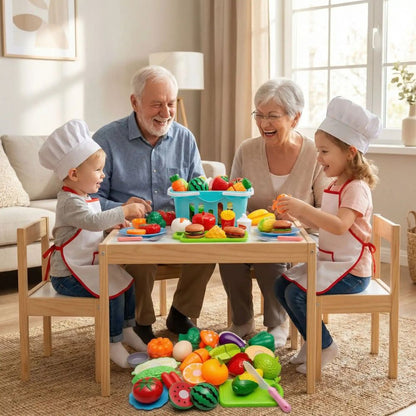 dinette: les enfants jouent avec les grand-parents-au restaurant avec les aliments en plastique de l ensemble de 43 aliments
