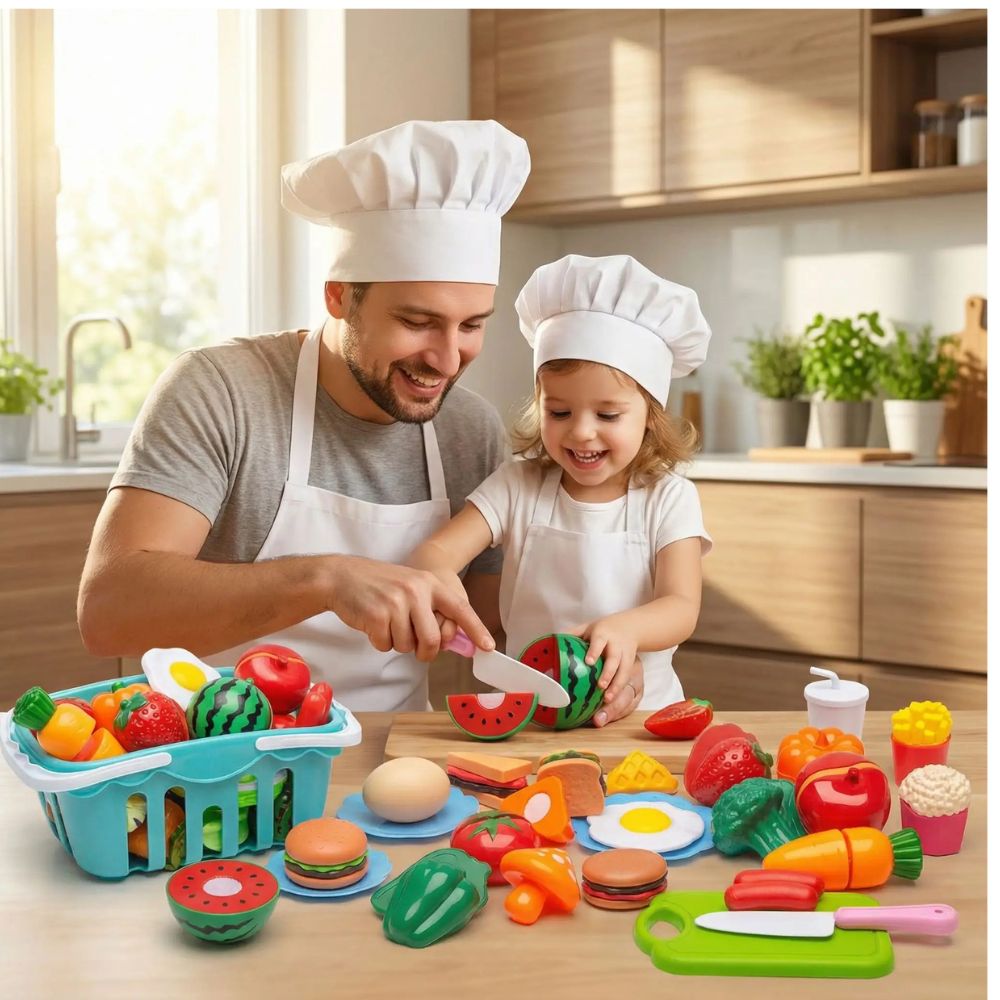 un père joue avec sa fille de 4 ans à faire de la popotte avec sa dinette et ses nouveaux aliments en plastique pour faire semblant