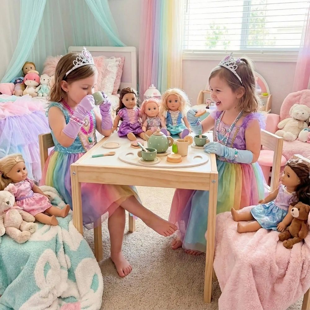 2 amies habillées en robe de princesse prennent le thé avec la dinette en bois et son service de thé 