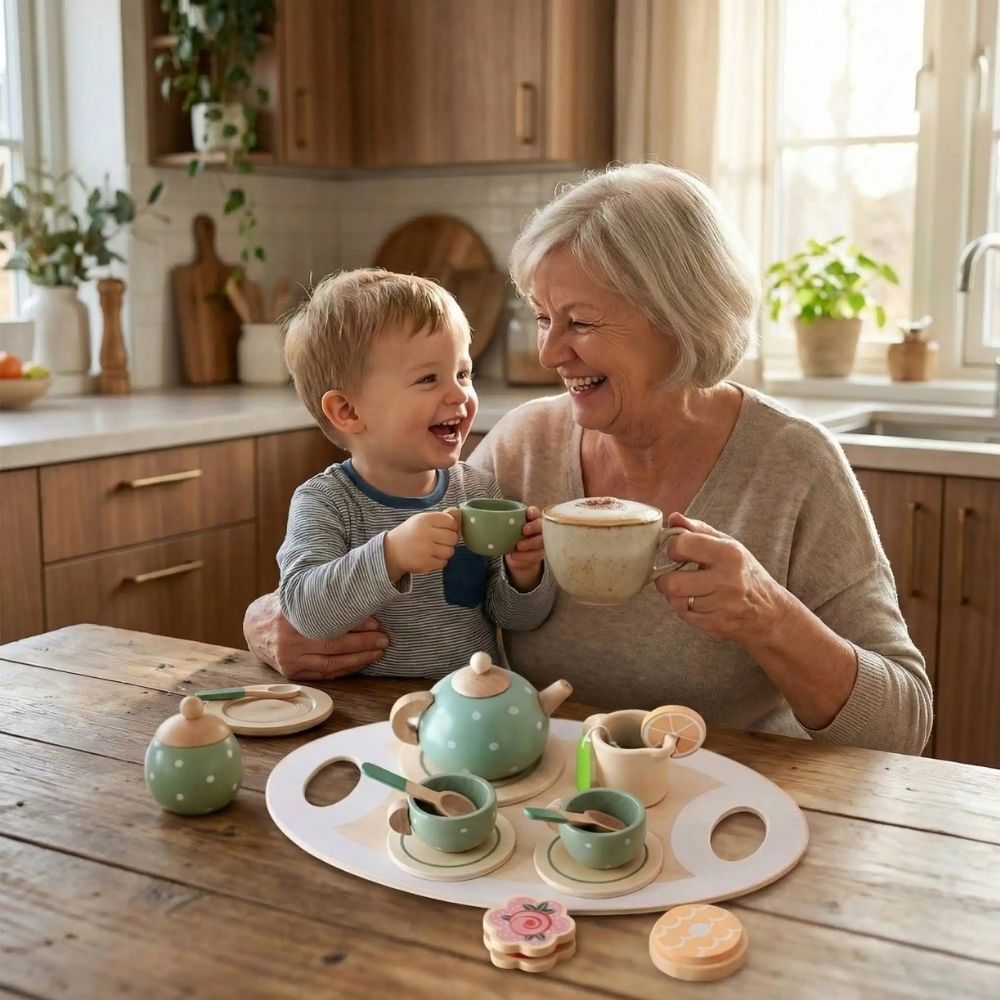 grand-mère bois son café avec son petit fils qui joue avec son service de thé de sa dinette en bois.il adore imiter mamie.
