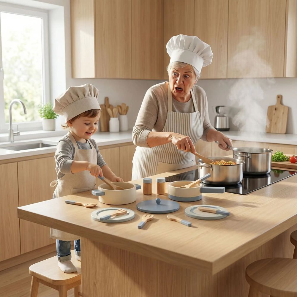 une grand mêre cuisine dans ses casseroles et son petit fils l'imite avec les siennes de sa dinette en bois familliale