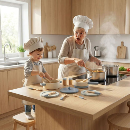 une grand mêre cuisine dans ses casseroles et son petit fils l'imite avec les siennes de sa dinette en bois familliale