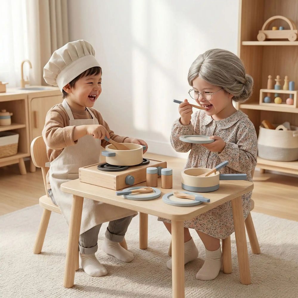 un garçon et une fillette s.amusent beaucoup dans le jeu de la dinette en bois