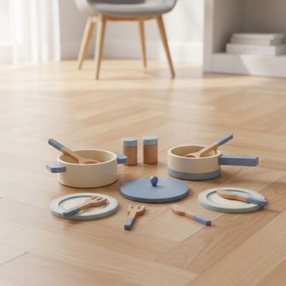 kit de dinette en bois déposé au sol prêt pour le jeu d'imitation des enfant de 3-6 ans